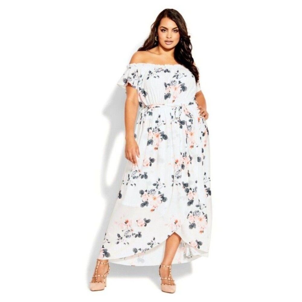 City Chic Lotus Tie Floral Maxi Dress Plus Size 16 NWT Off Shoulder Tulip Hem